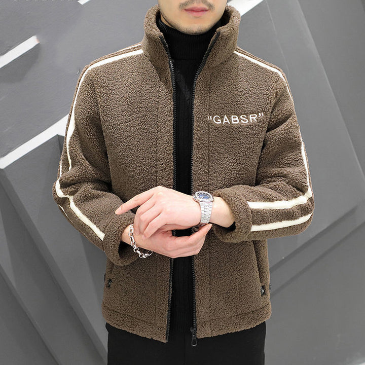 Men's Teddy Fleece Blouson with Stand Collar, Zipper and Contrast Stripes Mune Fashion