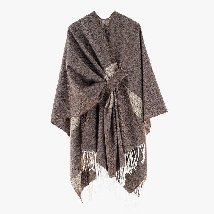 Women Woven Wool Blend Ruana with Diagonal Stripes and Fringes Mune Fashion