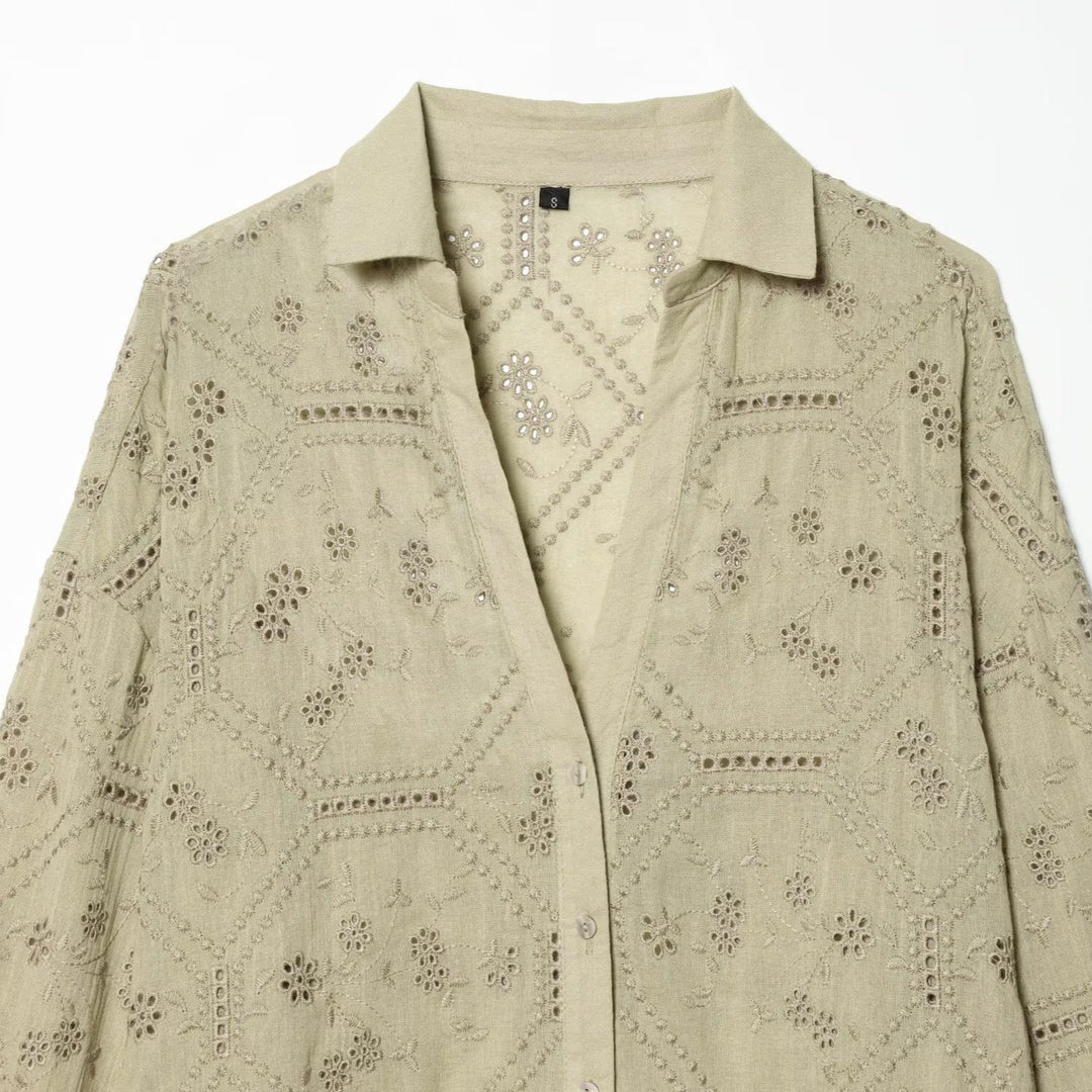 Women's Broderie-Anglaise Shirt Blouse in Oversize Cut with Balloon Sleeves Mune Fashion