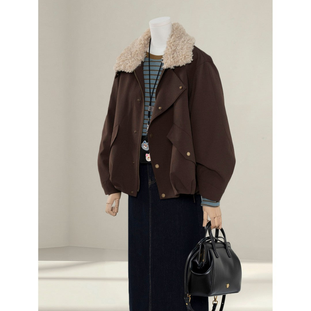 Women Short Oversized Bomber Jacket with Teddy Collar and Snap Button Details Mune Fashion