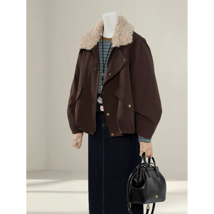 Women Short Oversized Bomber Jacket with Teddy Collar and Snap Button Details Mune Fashion