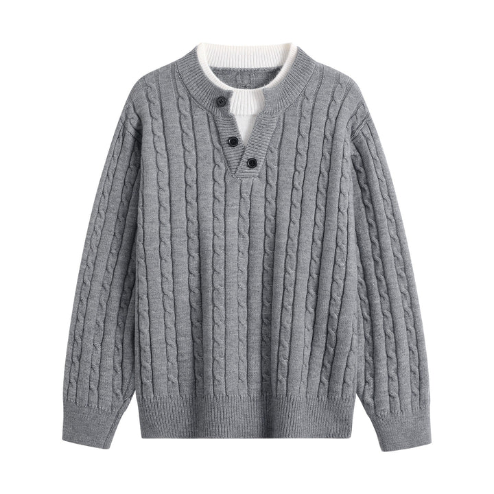 Women Oversize Cable Knit Pullover with Henley Collar and Contrast Inner Collar Mune Fashion