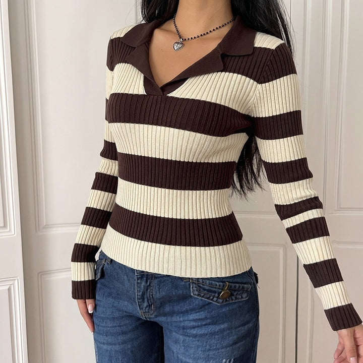 Women's Long Sleeve Knit Top with Polo Collar Mune Fashion
