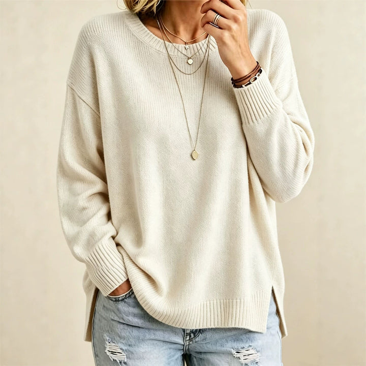 Women Loose Fit Round Neck Fine Knit Sweater with Side Slits and Ribbed Cuffs Mune Fashion