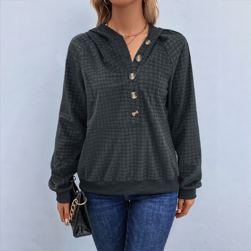 Women's Textured Hooded Henley Sweater with Button Placket and Kangaroo Pocket Mune Fashion