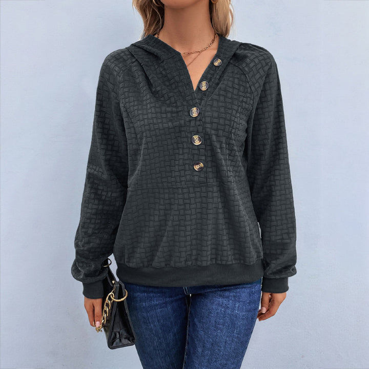 Women's Textured Hooded Henley Sweater with Button Placket and Kangaroo Pocket Mune Fashion
