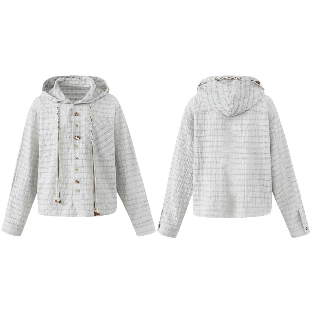 Women's Lightweight Hooded Jacket in Boxy Cut with Wooden Button Closure Mune Fashion