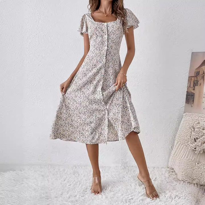 Women's fitted midi dress with square neckline, concealed button placket, and flowing A-line skirt Mune Fashion
