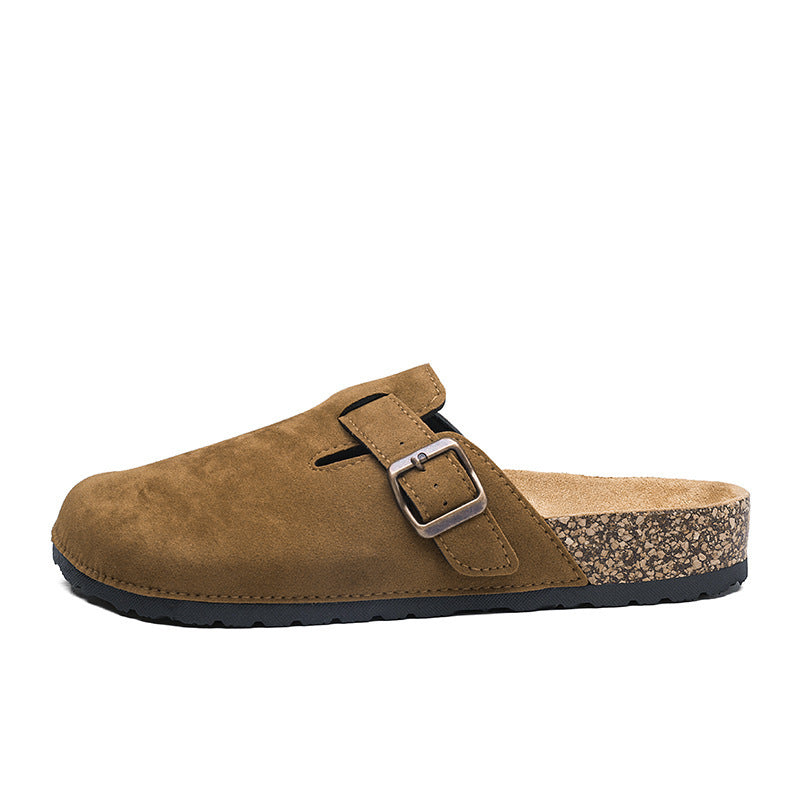 Women's Comfortable Suede Slippers with Cork Molded Footbed and Adjustable Metal Buckle Mune Fashion