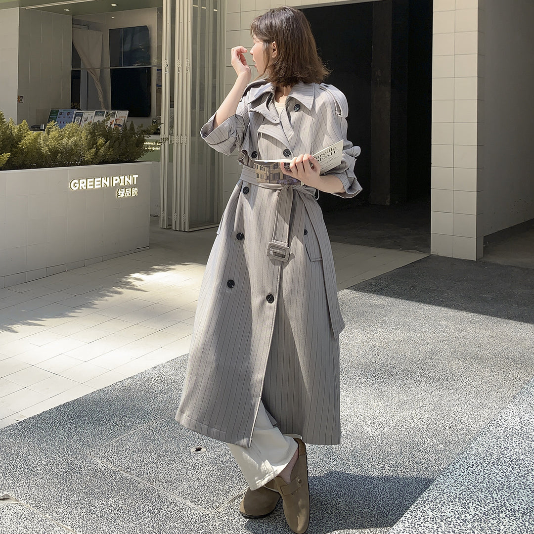 Women Elegant Maxi Long Pinstripe Trench with Shoulder Pads and Gathered Sleeves Mune Fashion
