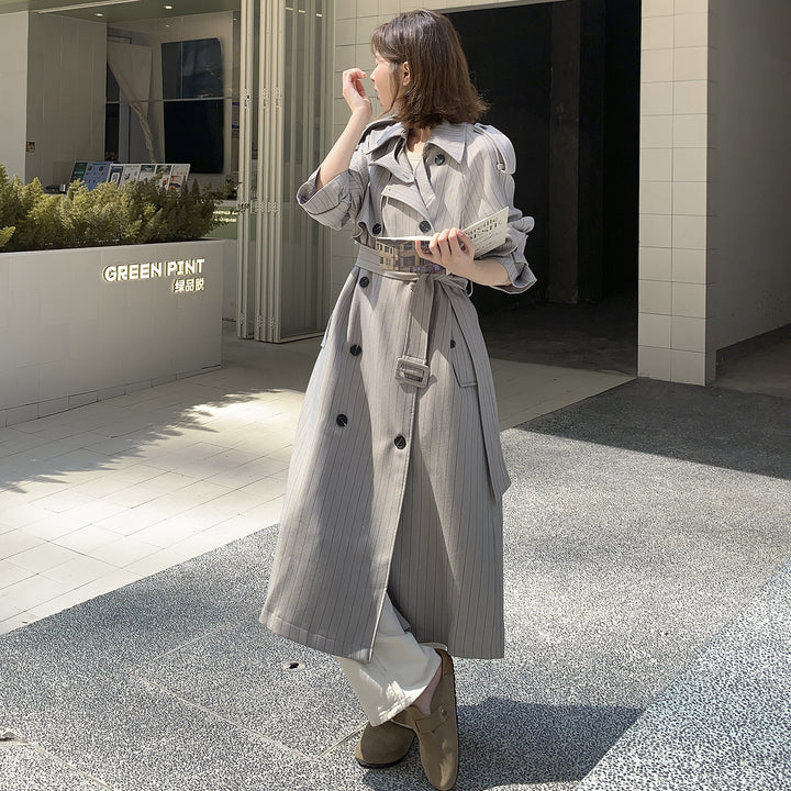 Women Elegant Maxi Long Pinstripe Trench with Shoulder Pads and Gathered Sleeves Mune Fashion