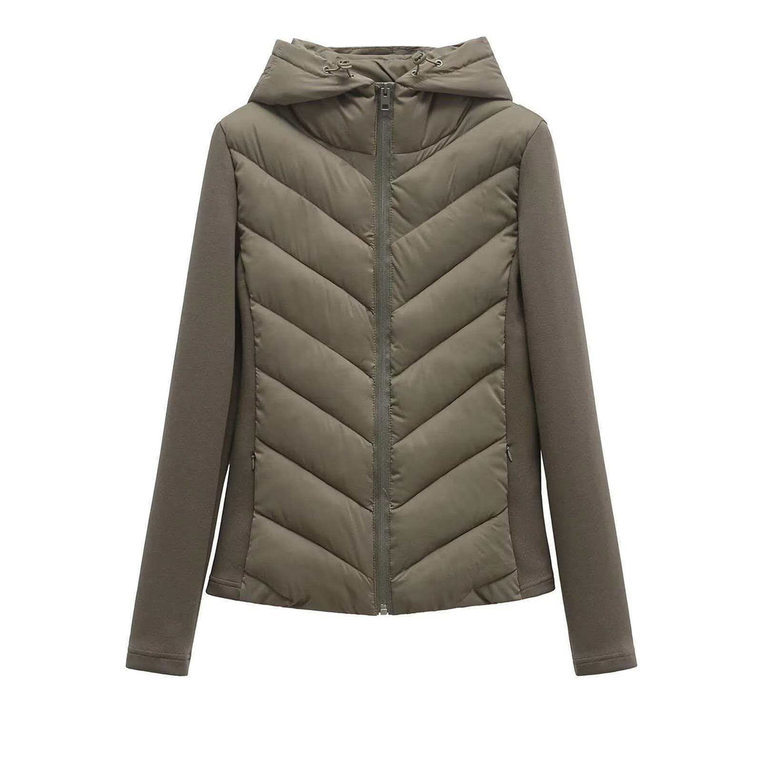Women's quilted hooded jacket with chevron quilting, softshell inserts, and concealed zipper Mune Fashion