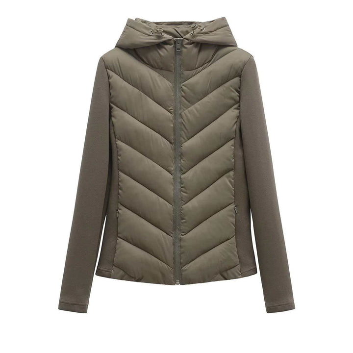 Women's quilted hooded jacket with chevron quilting, softshell inserts, and concealed zipper Mune Fashion