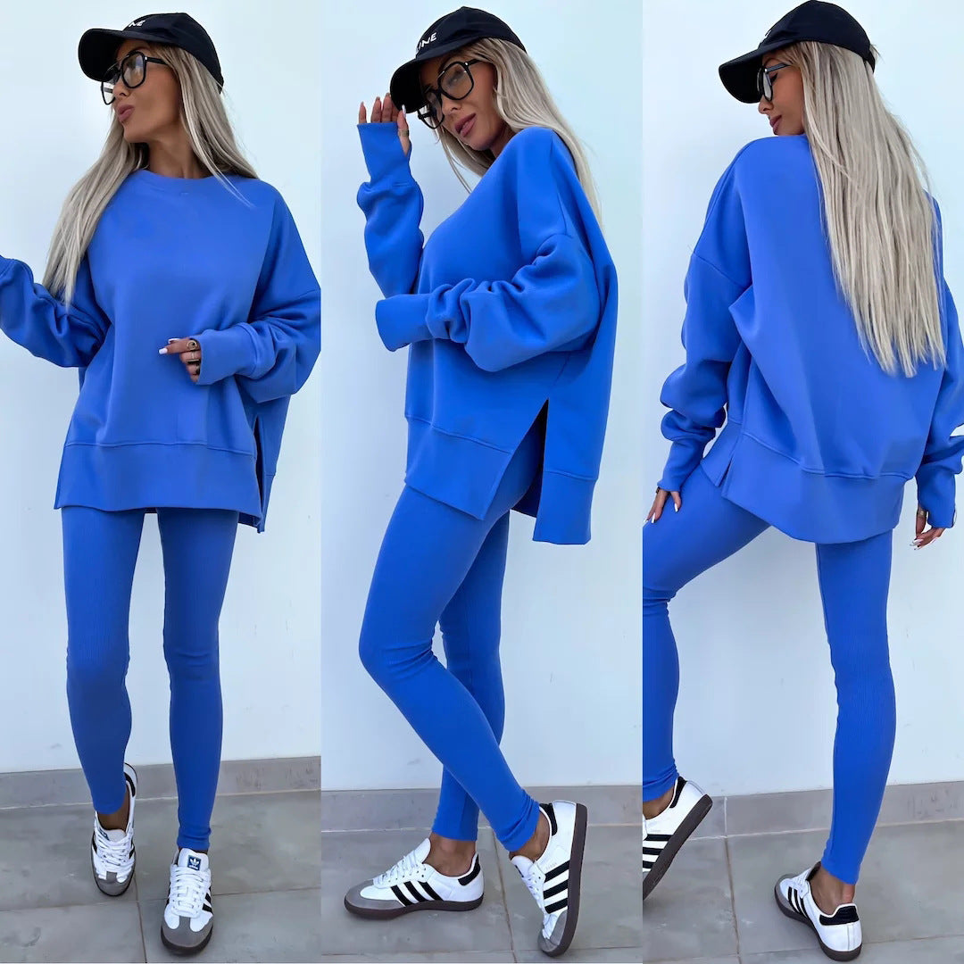 Women comfortable oversized lounge set with long sweatshirt, ribbed high-waist leggings and extended cuffs Mune Fashion