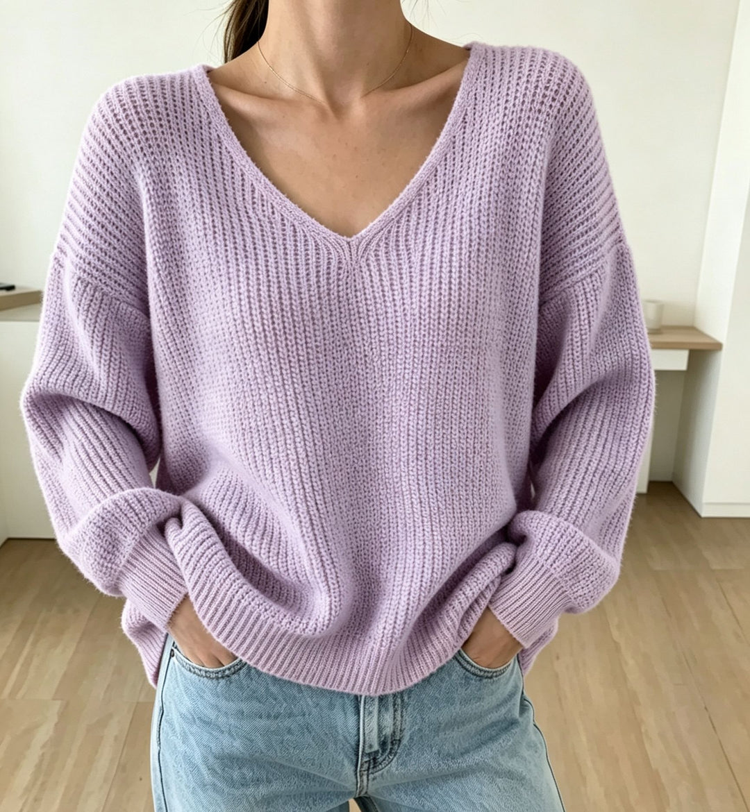 Women's Casual Boxy Chunky Knit Sweater with V-Neck and Ribbed Cuffs Mune Fashion