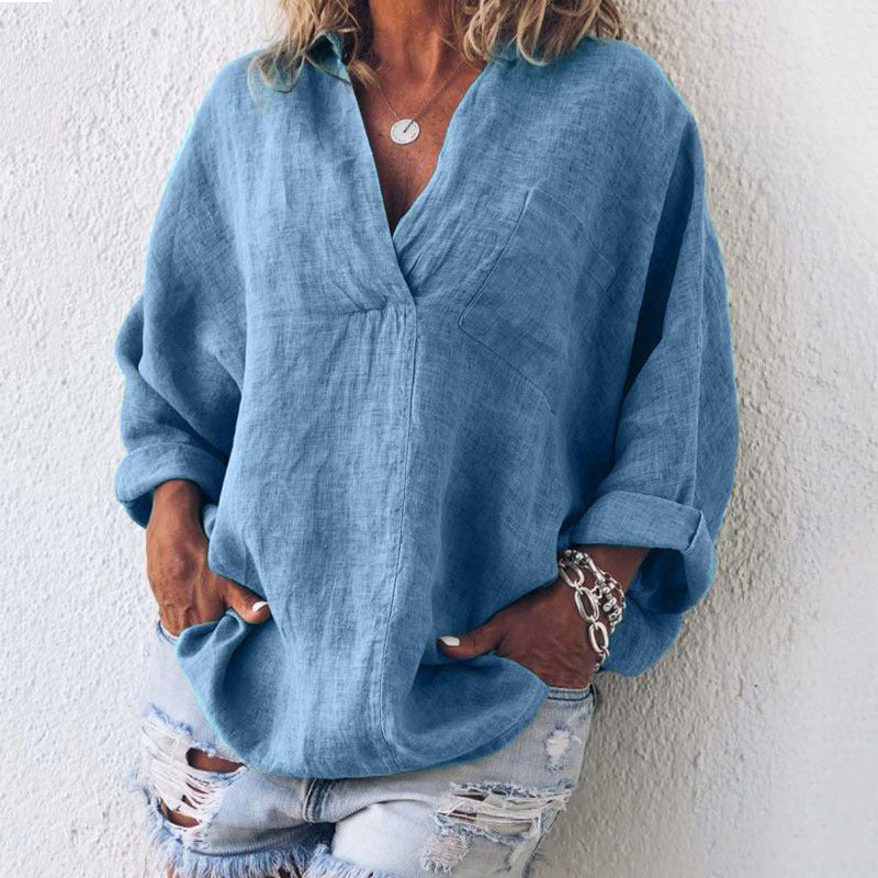 Women's Linen Tunic Oversize with V-Neck Breast Pocket and Roll-up Sleeves Mune Fashion