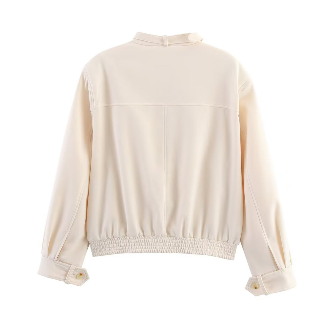 Women's bomber short jacket with stand-up collar, concealed button placket, and elastic hem Mune Fashion