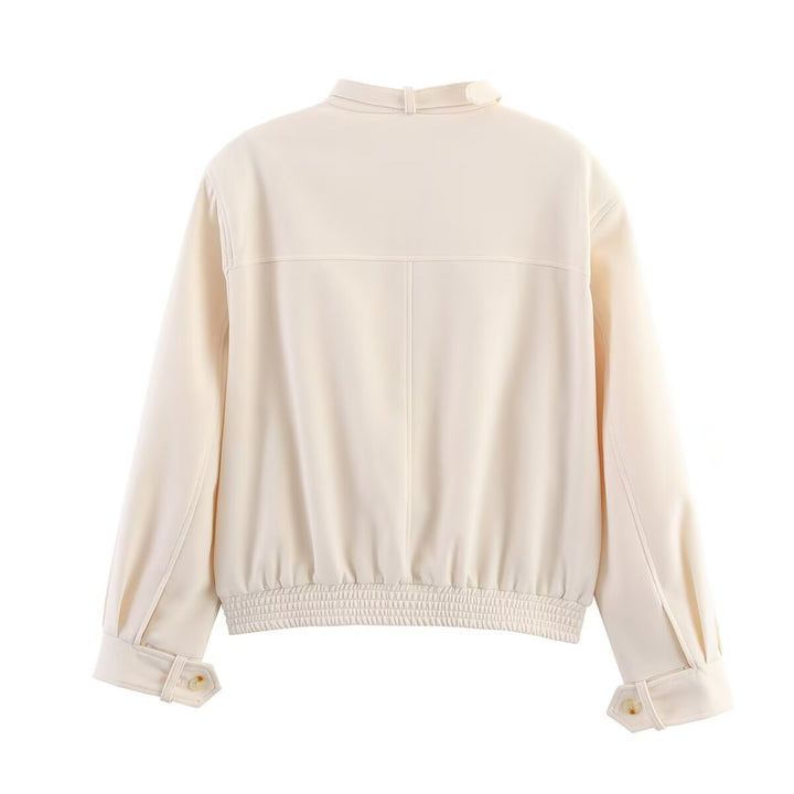Women's bomber short jacket with stand-up collar, concealed button placket, and elastic hem Mune Fashion
