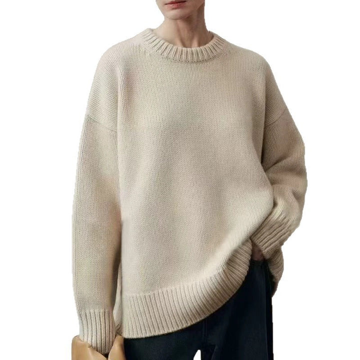 Women's Oversized Fine Knit Sweater with Round Neck, Dropped Shoulder and Ribbed Hem Mune Fashion
