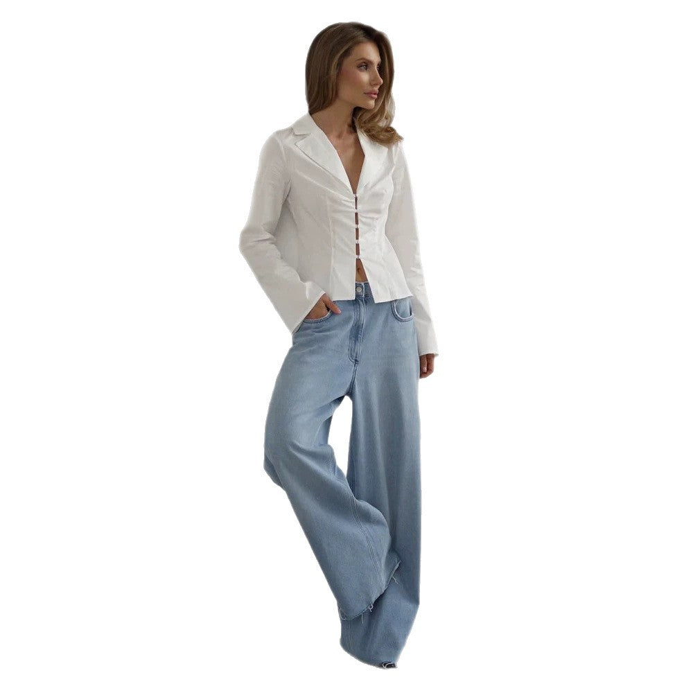 Women's Tailored Poplin Shirt Blouse with Corset Seams & Hook Front Mune Fashion