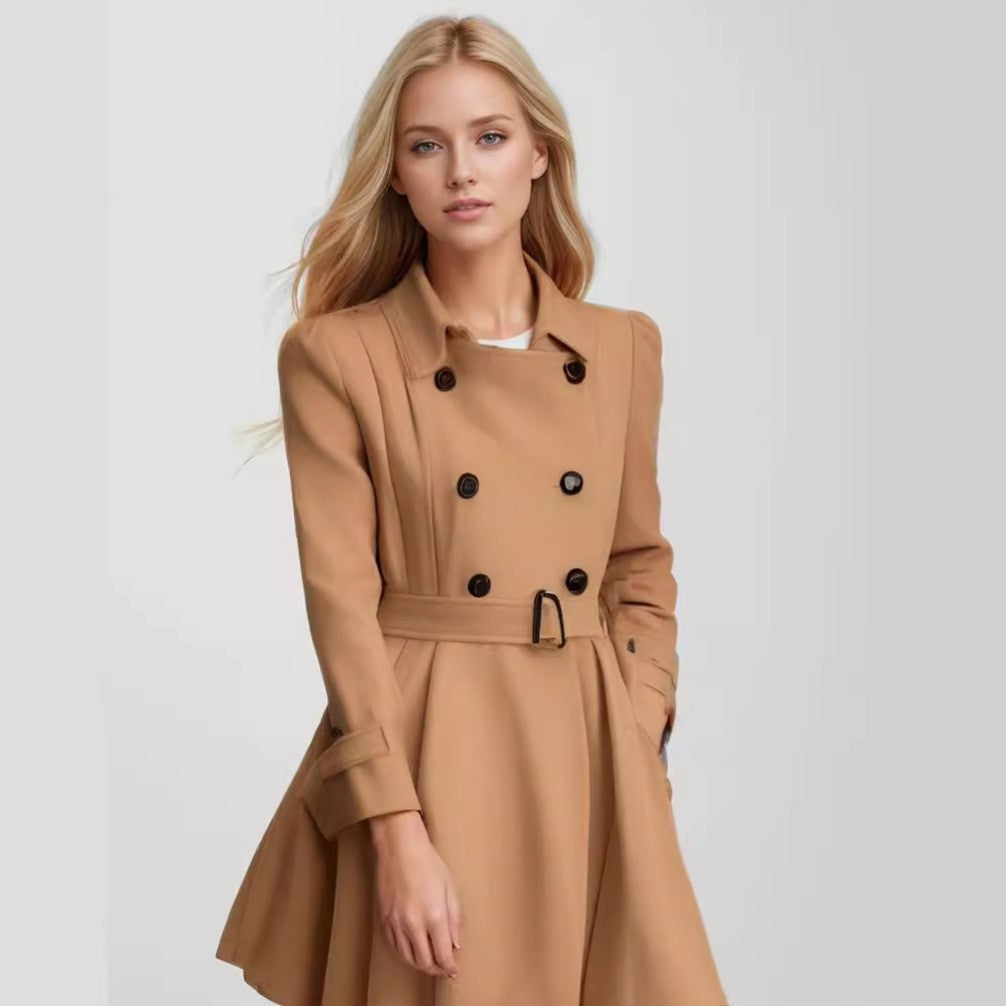 Women's tailored double-breasted coat with flared skirt, tailored belt, and structured shoulders Mune Fashion