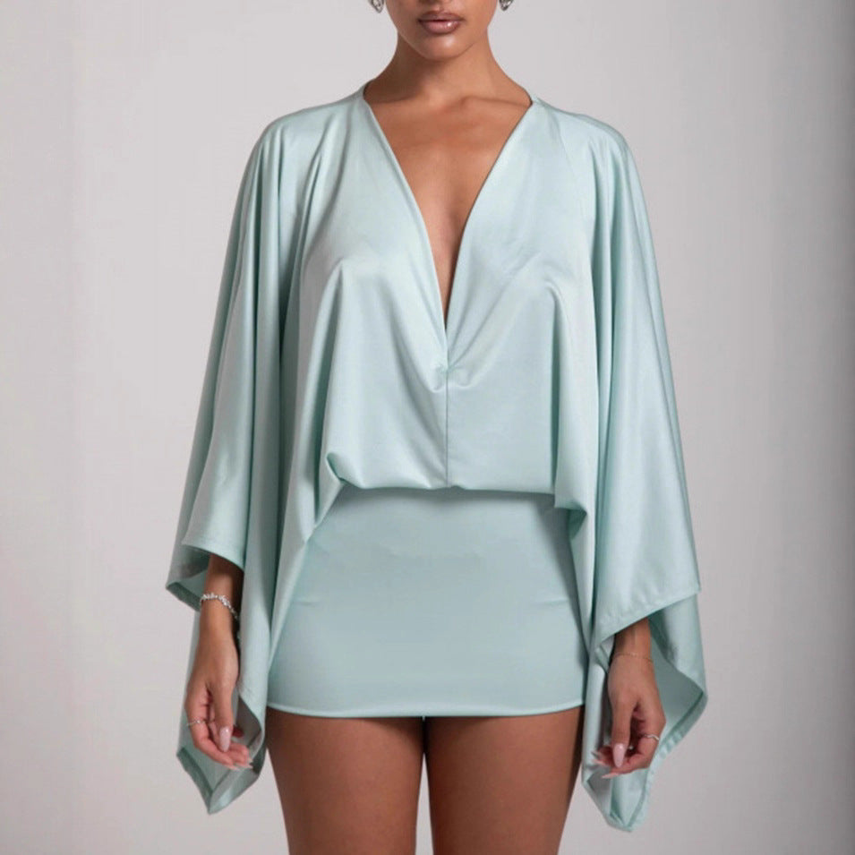 Women nan cape mini dress with deep V-neck, batwing sleeves and tailored mini skirt Mune Fashion