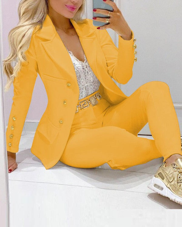 Women Tailored Two-Piece Blazer with Gold Buttons and Slim-Fit Pants Mune Fashion