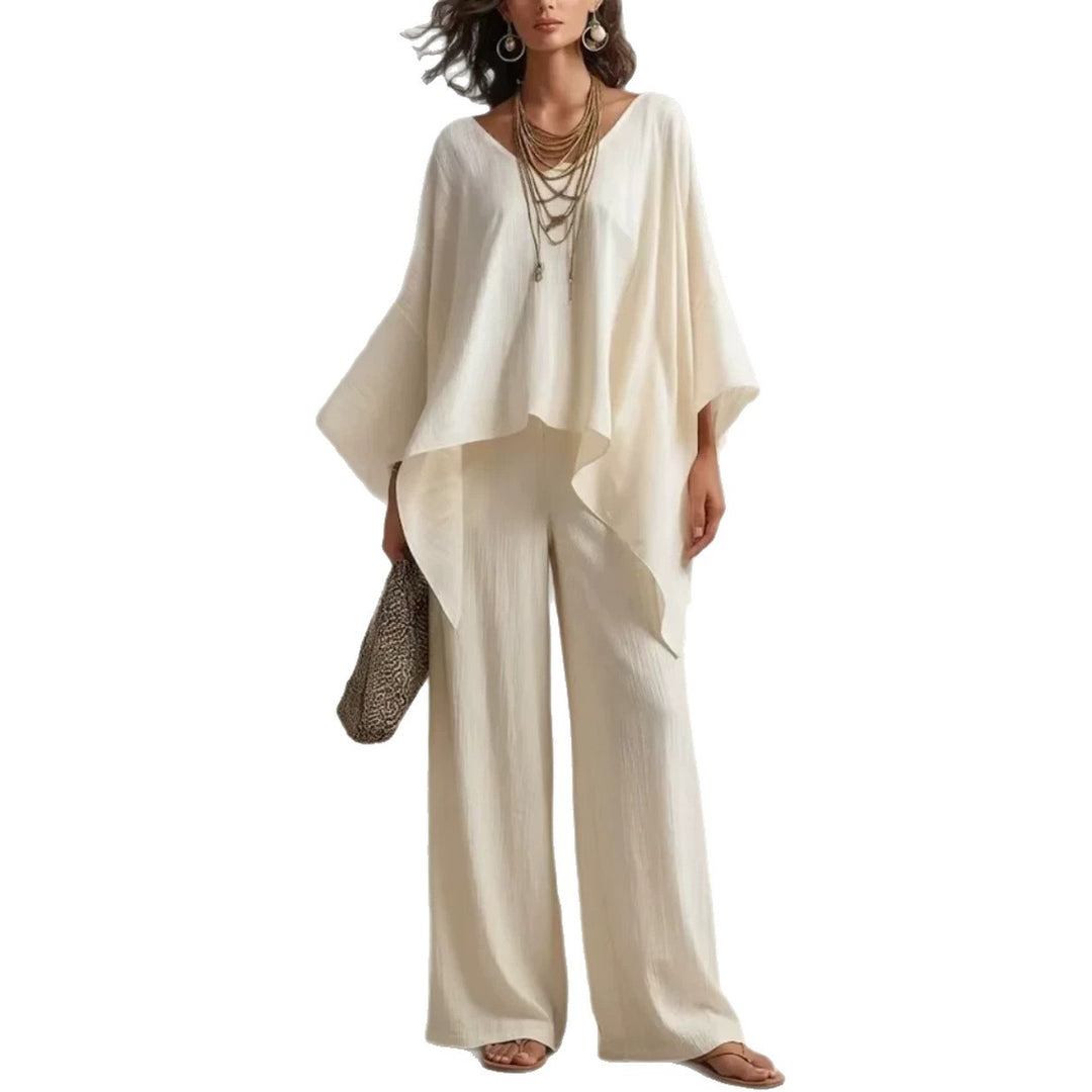 Women's Two-Piece Set with Oversized Poncho Top and Wide Palazzos Pants EB