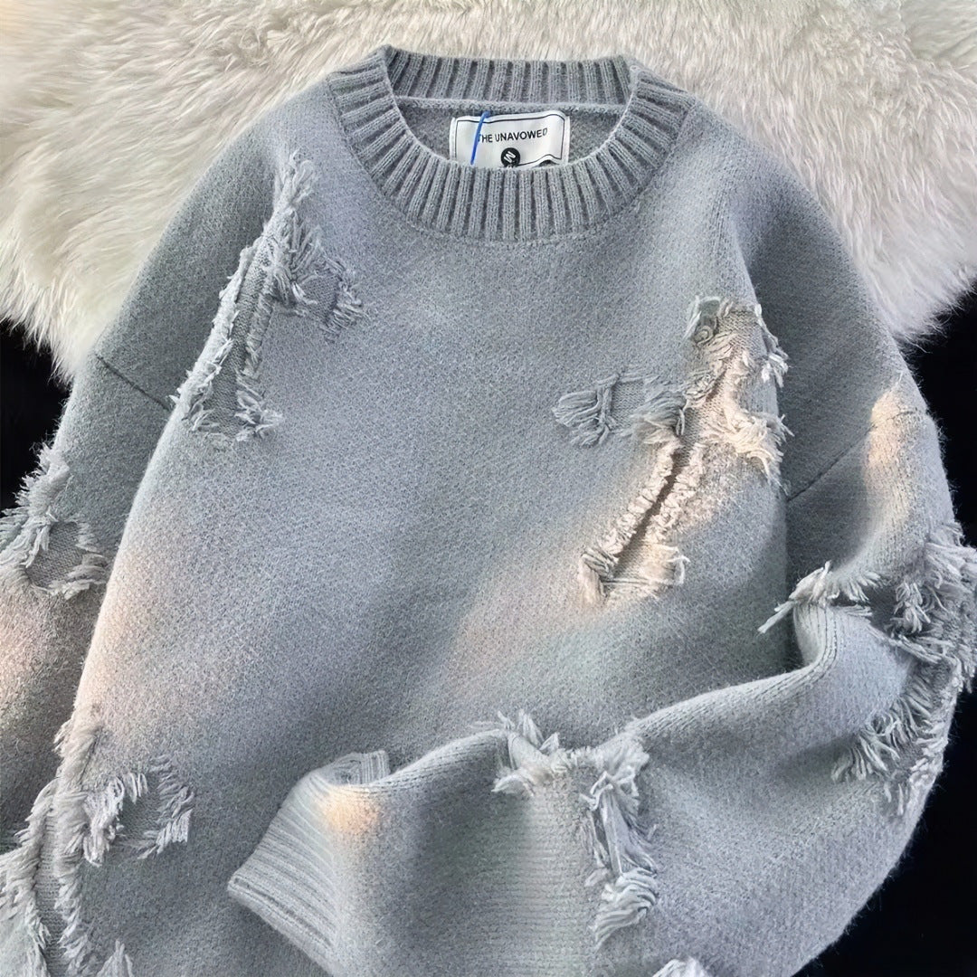Unisex Oversized Knit Sweater with Destroy Details and Round Neckline Mune Fashion