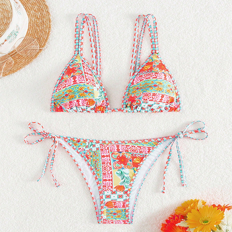 Women's Triangle Bikini with Ruffles and Colorful Floral Pattern Mune Fashion