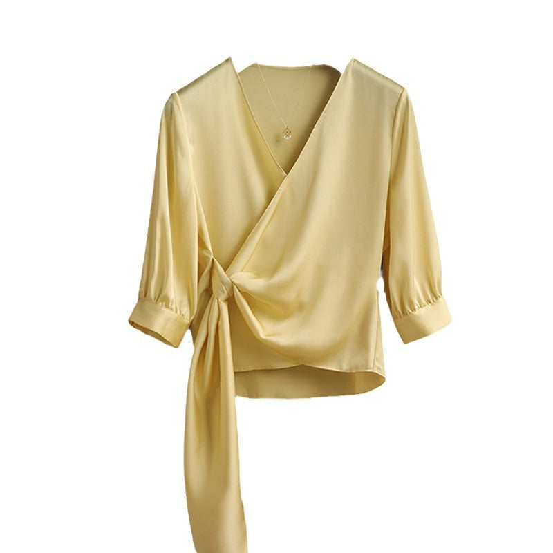 Women Elegant Wrap Blouse with Waistband Mune Fashion