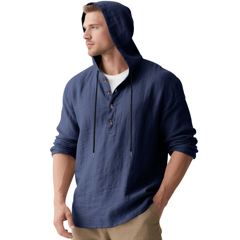 Men's Casual Hooded Henley Linen Blend Overshirt with Drawstring Mune Fashion