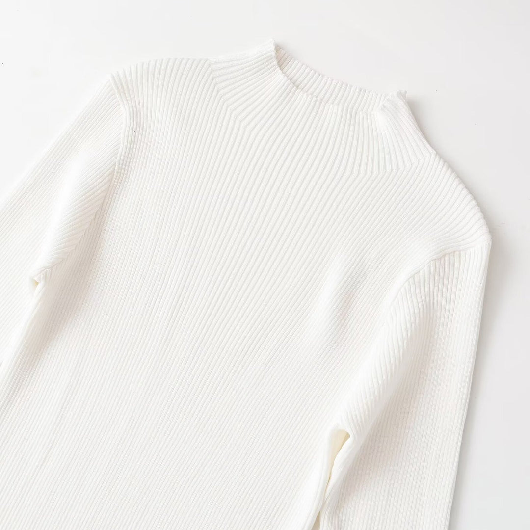 Women's fine knit mini dress with high collar, flared hem, and bell sleeves Mune Fashion