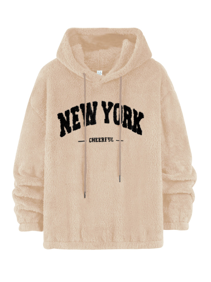 Unisex nan cozy plush hoodie with chenille logo, hood and elastic hem Mune Fashion