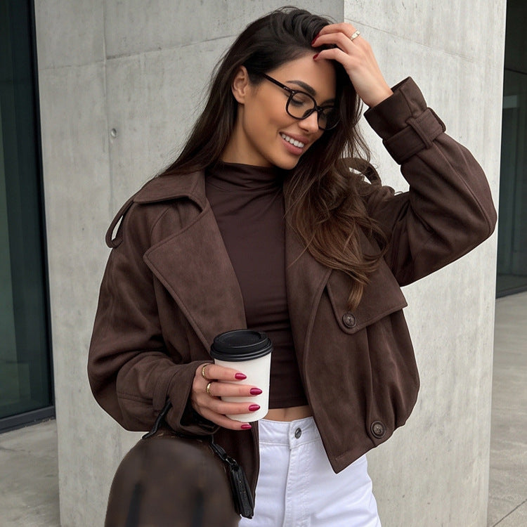 Women's Short Suede Leather Bomber Jacket with Voluminous Lapels, Epaulettes, and Fitted Elastic Hem Mune Fashion