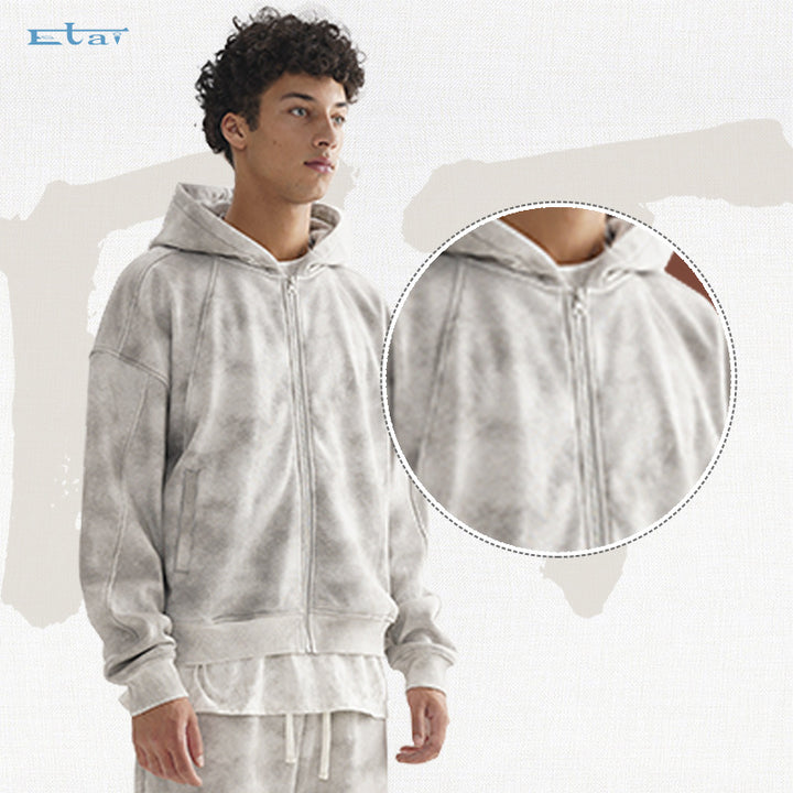 Unisex Short Cut Zip Hoodie made of French Terry with Cloud Dye Effect and Raglan Seams Mune Fashion