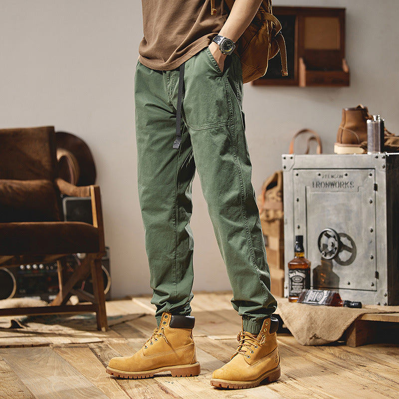 Men's Military-inspired Tapered Cargo Joggers made of durable cotton twill with integrated web belt and ribbed ankle cuffs Mune Fashion