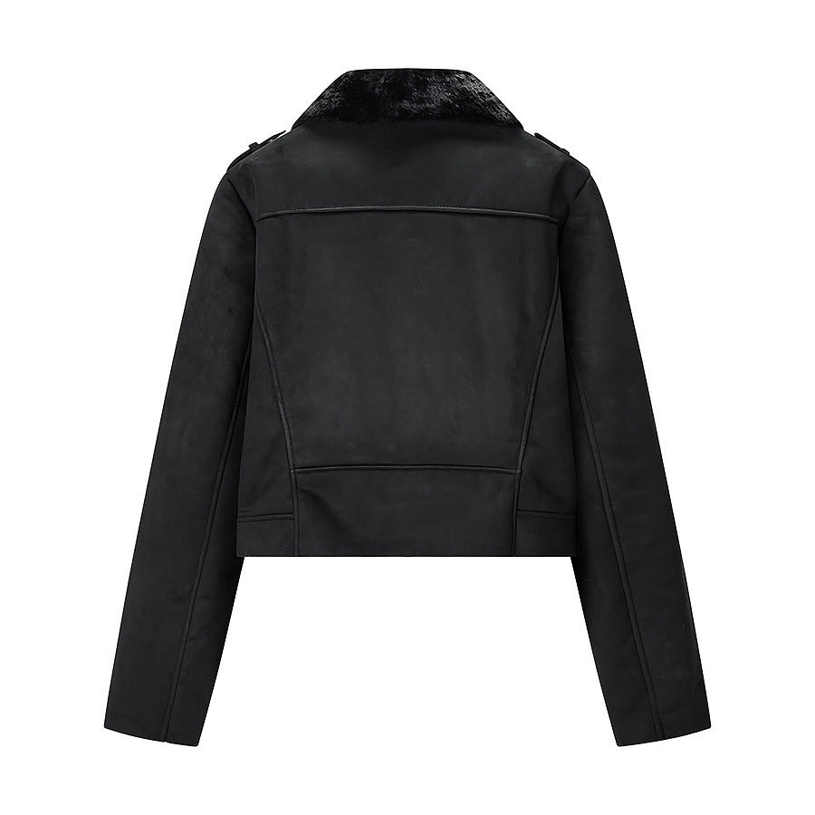 Women Short Biker Jacket with Faux Fur Collar and Suede Look Mune Fashion
