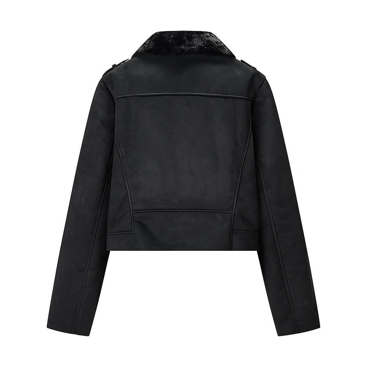 Women Short Biker Jacket with Faux Fur Collar and Suede Look Mune Fashion