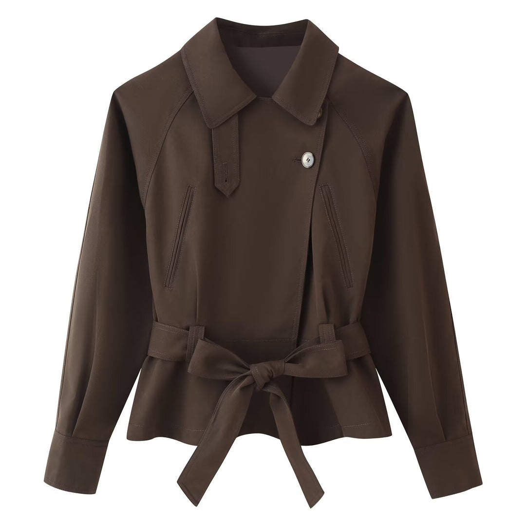 Women's short trench-style jacket with tie belt, raglan sleeves, and tailored fit Mune Fashion