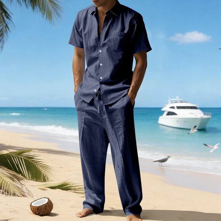 Men's resort-appropriate short-sleeve shirt with chest pocket and casual linen drawstring pants Mune Fashion