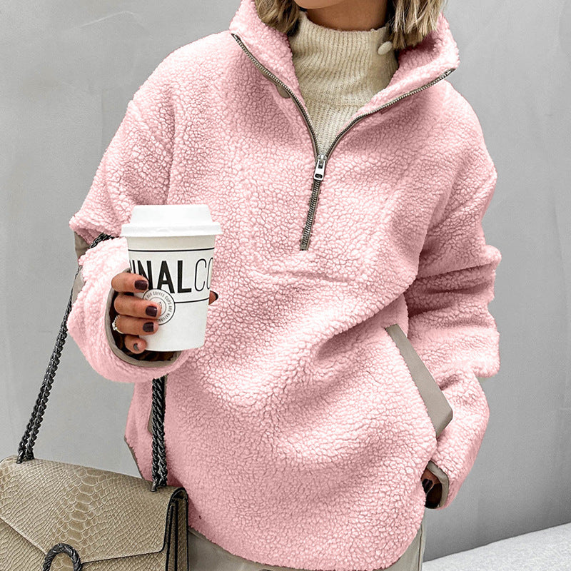 Women's Oversized Sherpa-Fleece Pullover with Half Zipper and Kangaroo Pocket Mune Fashion
