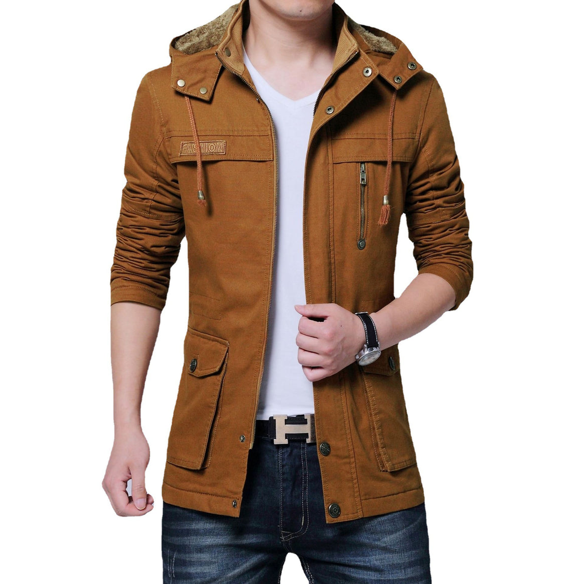 Men's Canvas Parka with Lined Hood, Multifunctional Pockets and Concealed Zipper Mune Fashion