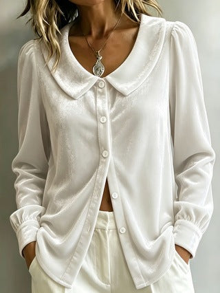 Ladies velvet shirt blouse with Peter Pan collar and mother-of-pearl button placket Mune Fashion