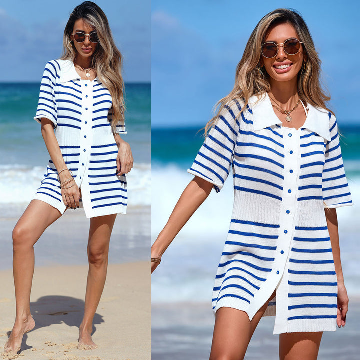 Women's fashionable beach dress with striped design and collar