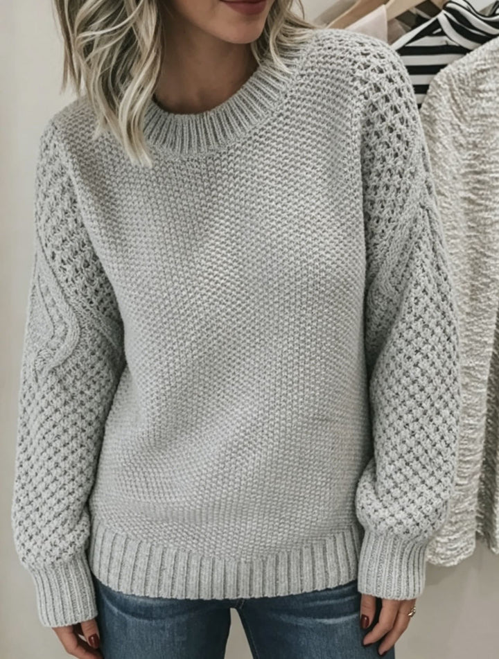 Women Chunky Knit Crew Neck Sweater with Openwork and Cable Knit Sleeves Mune Fashion