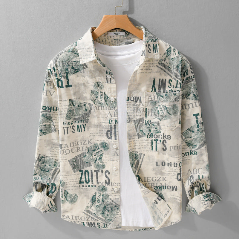 Men's overshirt made of cotton-linen with typographic newspaper print and relaxed fit Mune Fashion