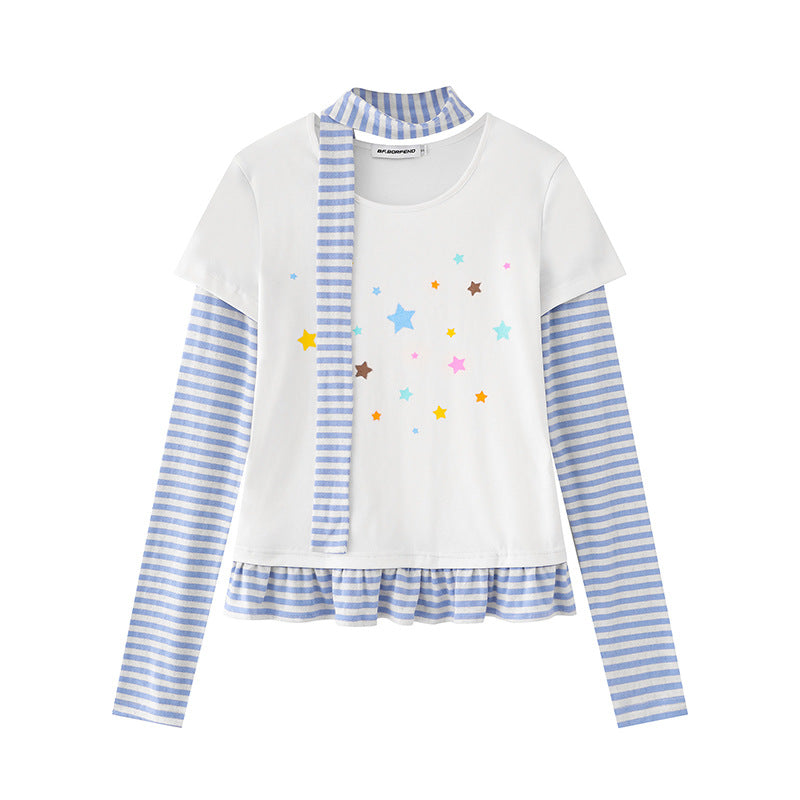 Women's Layered Long Sleeve Shirt with Striped Sleeves, Star Print, Ruffled Hem and Scarf Detail