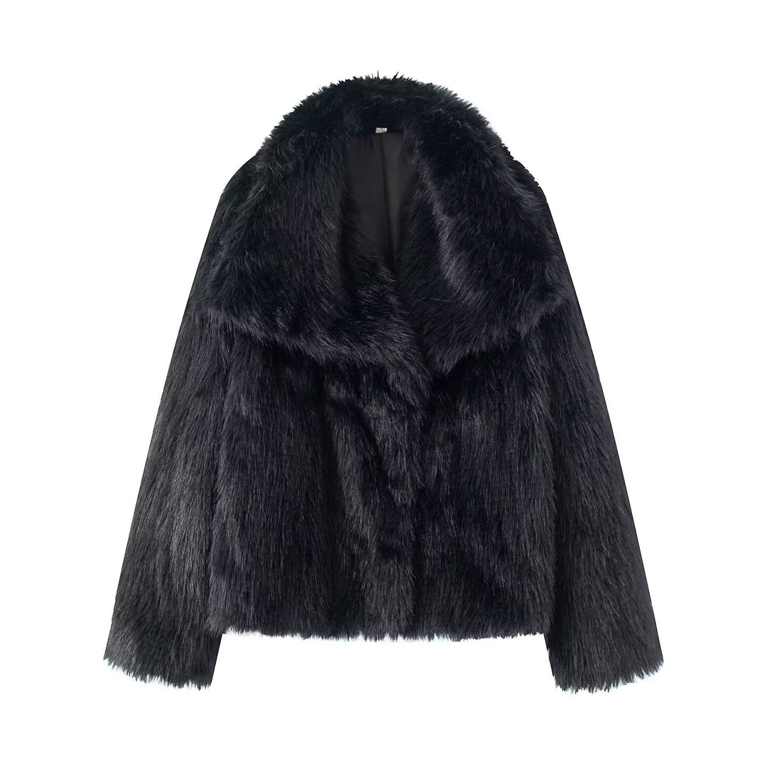 Women's Short Boxy Faux Fur Coat with Generous Shawl Collar and Soft Lining Mune Fashion