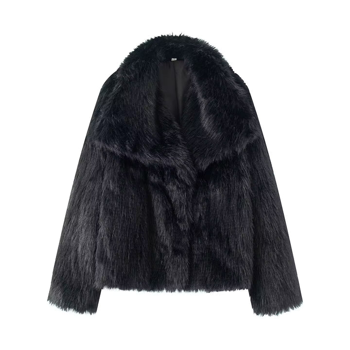 Women's Short Boxy Faux Fur Coat with Generous Shawl Collar and Soft Lining Mune Fashion